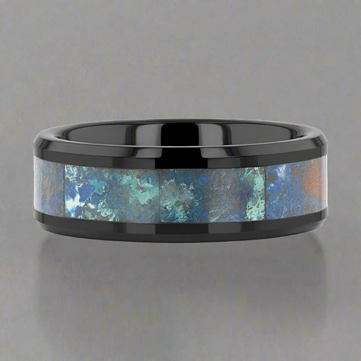 CELADON | Black Ceramic Ring, Chrysocolla Inlay, Beveled - Rings - Aydins Jewelry - 4