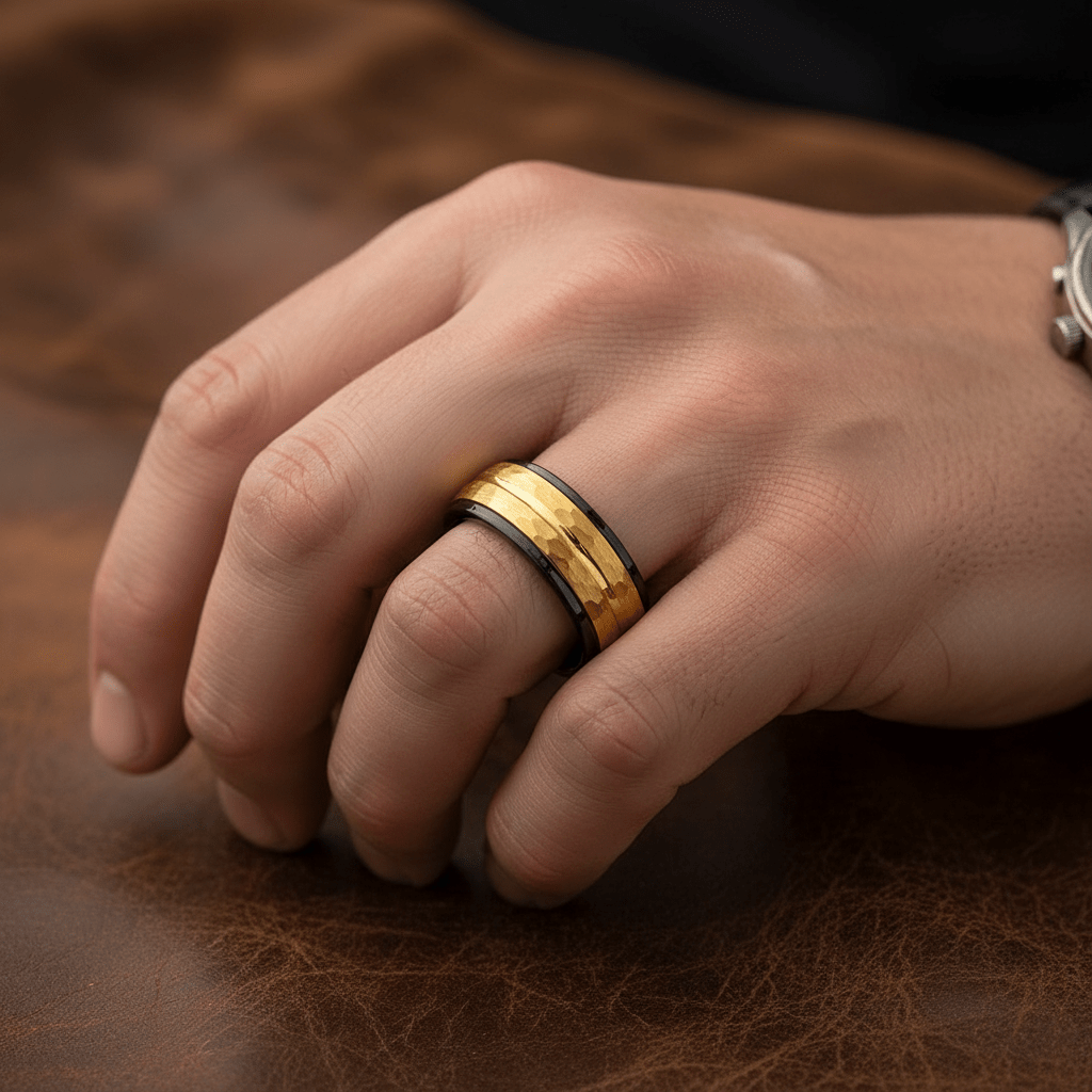 CENTAUR — Lifestyle photo on hand — men's tungsten wedding ring.