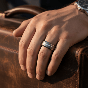 CENTURION — Lifestyle photo on hand — men's tungsten wedding ring.