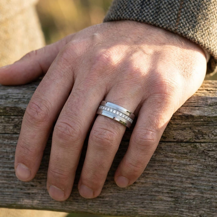 Mans ring finger 8mm CEPHEUS Silver Tungsten Ring - Eternity Wedding Band with CZ Stones