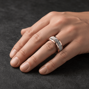 Deer Antler inlay 14k yellow gold wedding band 8mm, angled view