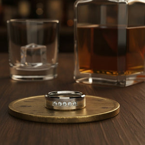 Aydins CETUS | Silver Tungsten Ring, 7 White CZ Diamonds, Beveled lifestyle scene, whiskey decanter bar