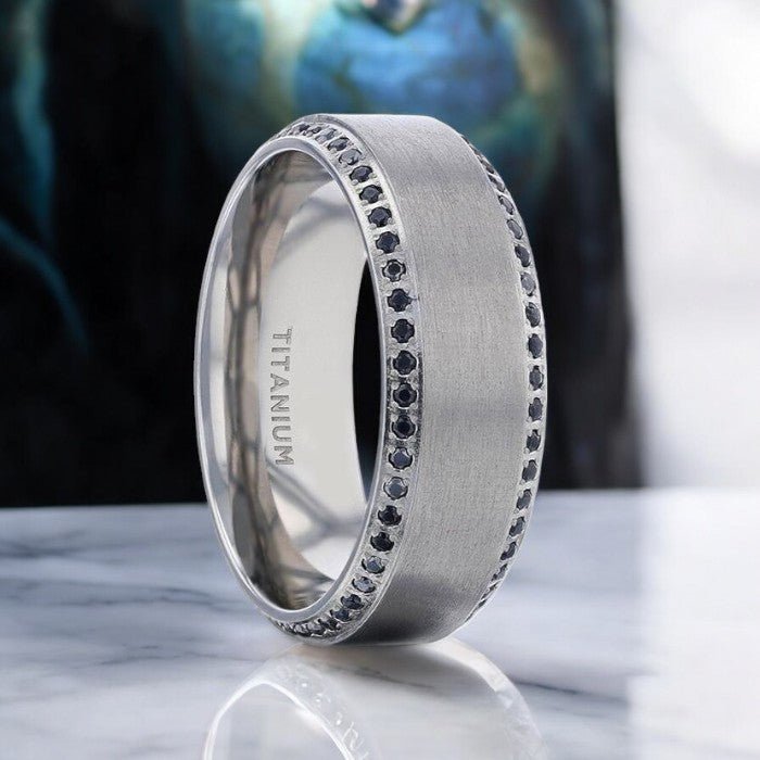 Silver titanium ring with black sapphire accents on beveled edges, 8mm width - Aydins Jewelry.