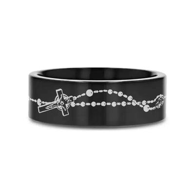 CHAPLET black tungsten ring with rosary beads and crosses laser-engraved around the band – Aydins Jewelry