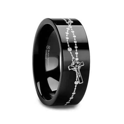 CHAPLET black tungsten ring with rosary beads and crosses laser-engraved around the band – Aydins Jewelry