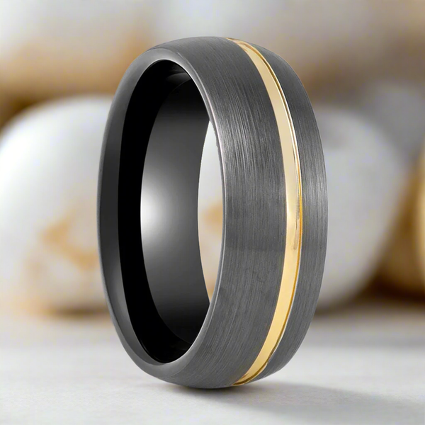 CHARGOLD Gunmetal Tungsten Ring with Offset Gold Groove - Side View