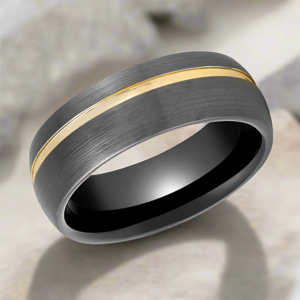 Aydins Jewelry's CHARGOLD Ring - Domed Gunmetal Tungsten Band with Gold Groove