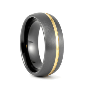 CHARGOLD gunmetal tungsten wedding ring with brushed finish and offset gold groove - front view