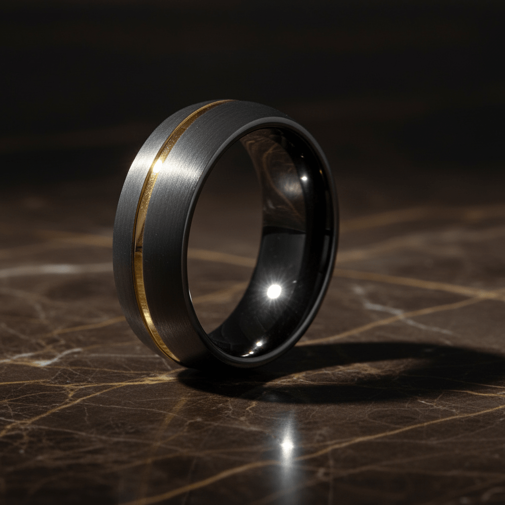 CHARGOLD — Luxury 3/4 angle on dark marble — men's tungsten wedding ring.