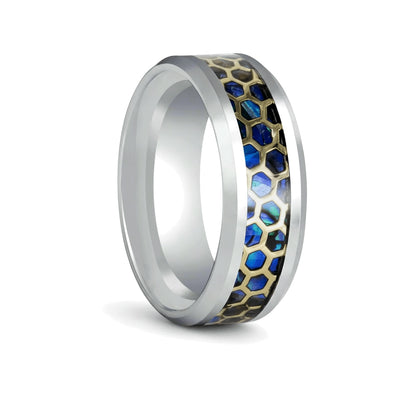 CHAZY silver tungsten wedding ring with honeycomb abalone inlay and beveled edges - front view