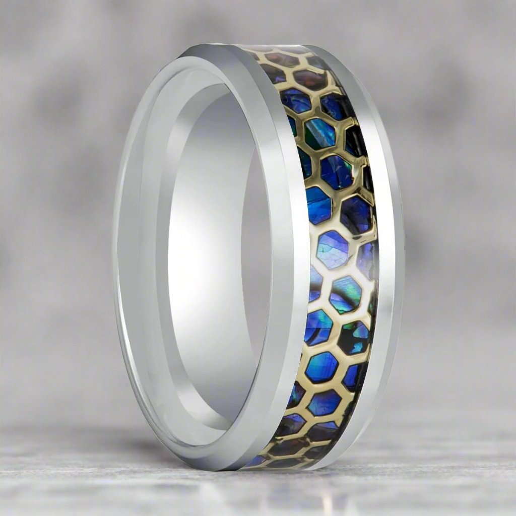 CHAZY Silver Tungsten Ring with Honeycomb Abalone Inlay - Side View