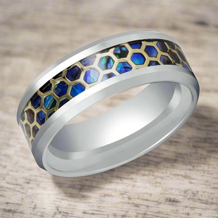 Close-Up of CHAZY Ring - Silver Tungsten with Honeycomb Abalone Inlay