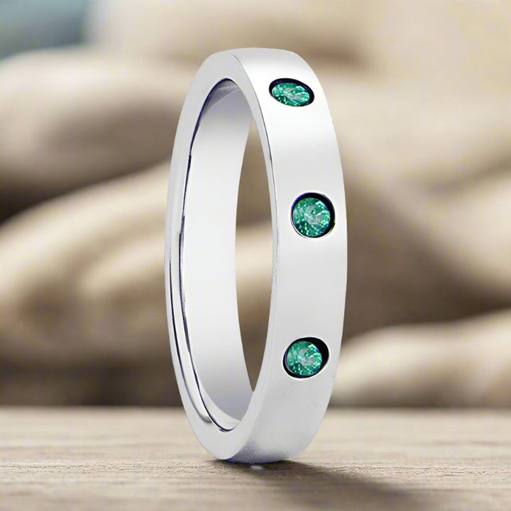 CHLOE | Womens Silver Tungsten Ring, 3 Green Emeralds, Domed - Rings - Aydins Jewelry - 3