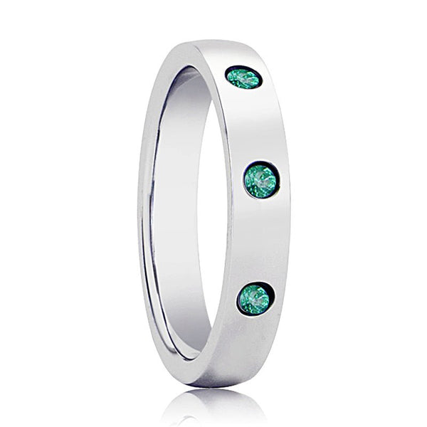 CHLOE | Womens Silver Tungsten Ring, 3 Green Emeralds, Domed - Rings - Aydins Jewelry - 1