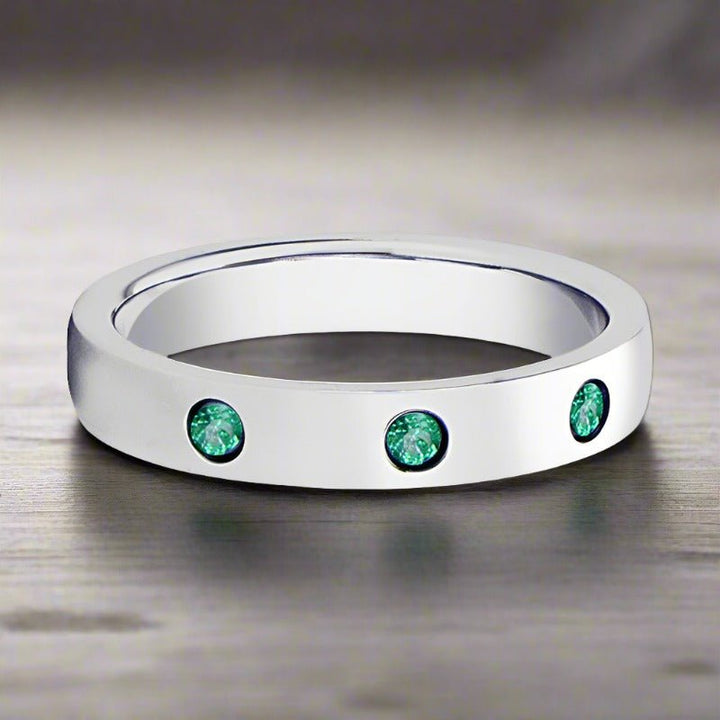 CHLOE | Womens Silver Tungsten Ring, 3 Green Emeralds, Domed - Rings - Aydins Jewelry - 4