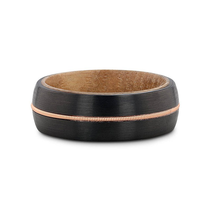 CHORDAL | Black Tungsten Ring, Brass Guitar String, Whiskey Barrel Wood, Domed - Rings - Aydins Jewelry - 4