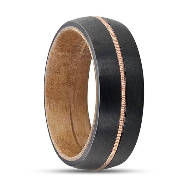 CHORDAL | Black Tungsten Ring, Brass Guitar String, Whiskey Barrel Wood, Domed - Rings - Aydins Jewelry - 1