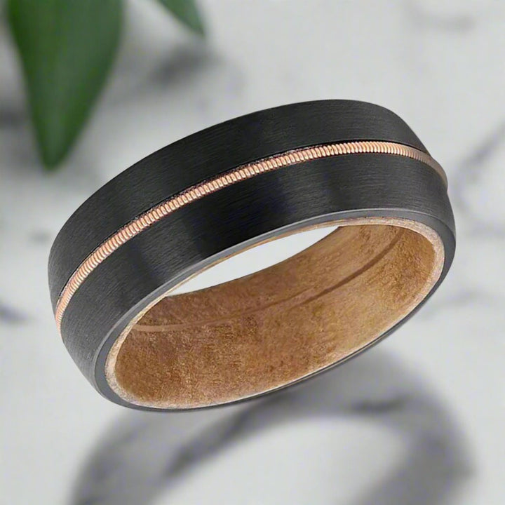 CHORDAL | Black Tungsten Ring, Brass Guitar String, Whiskey Barrel Wood, Domed - Rings - Aydins Jewelry - 6