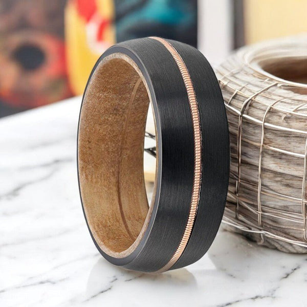 CHORDAL Black Tungsten Ring with Brass Guitar String & Whiskey Barrel Wood Inlay.