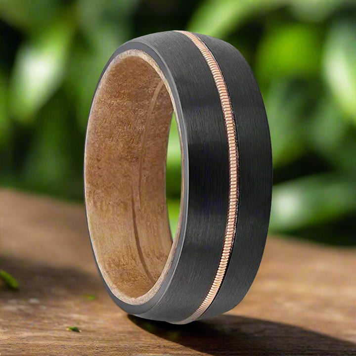 CHORDAL | Black Tungsten Ring, Brass Guitar String, Whiskey Barrel Wood, Domed - Rings - Aydins Jewelry - 5
