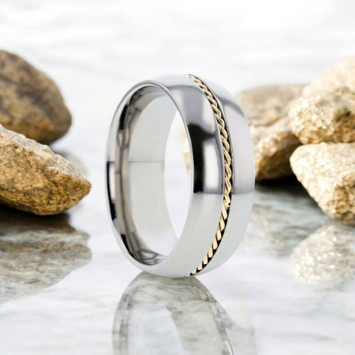 CHRISTIAN Silver Titanium Ring with Braided 14k Gold Inlay by Aydins Jewelry