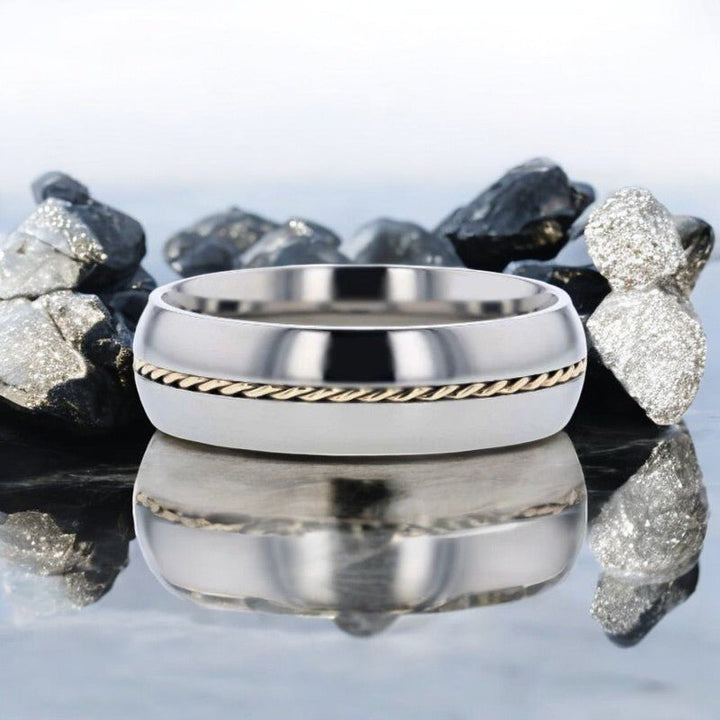 Classic Silver Titanium Ring with Braided 14k Gold Accent - Ideal for Weddings and Anniversaries