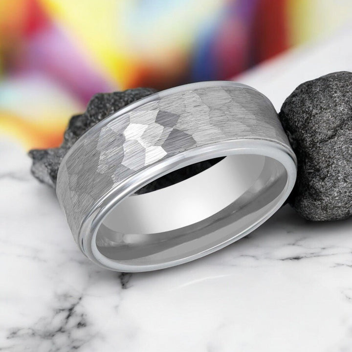 Side view of CLAN Silver Tungsten Wedding Band featuring Hammered Texture