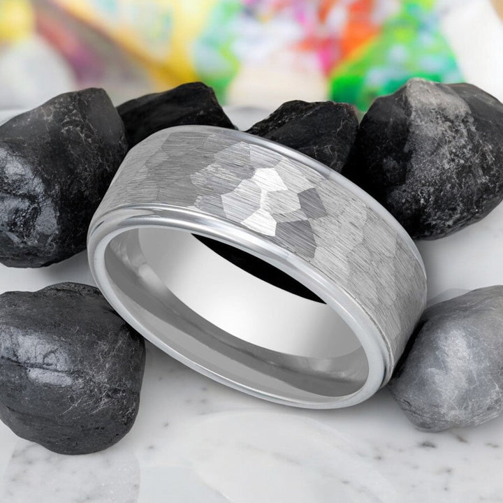 CLAN Silver Tungsten Ring displayed with Stepped Edge and Comfort Fit Design