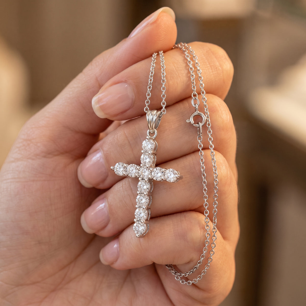 Classic Diamond Cross Pendant 925 silver lab grown diamond pendant held in hand lifestyle close-up photo