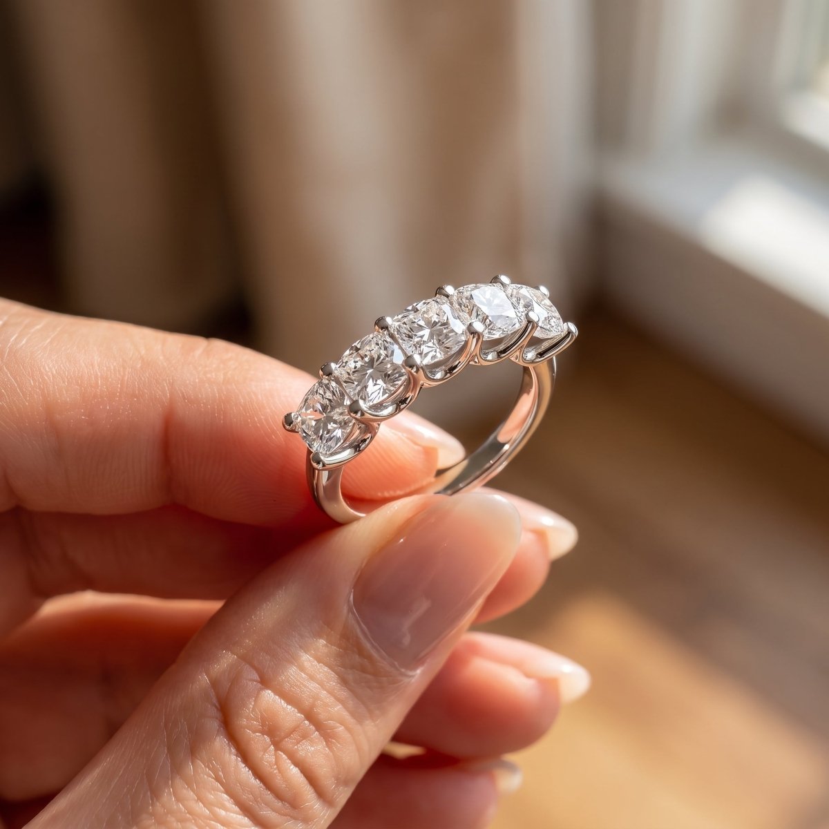 Classic Five Stone Round Diamond Ring 925 silver lab grown diamond ring held in hand lifestyle close-up photo