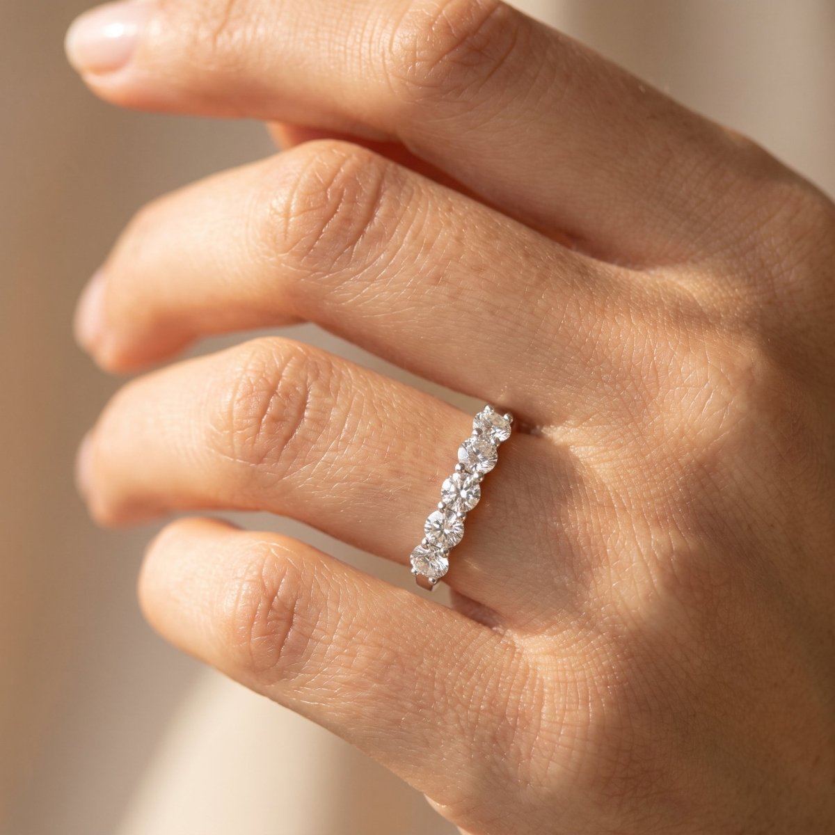 Classic Five Stone Round Diamond Ring, 925 silver diamond ring worn on hand lifestyle photo
