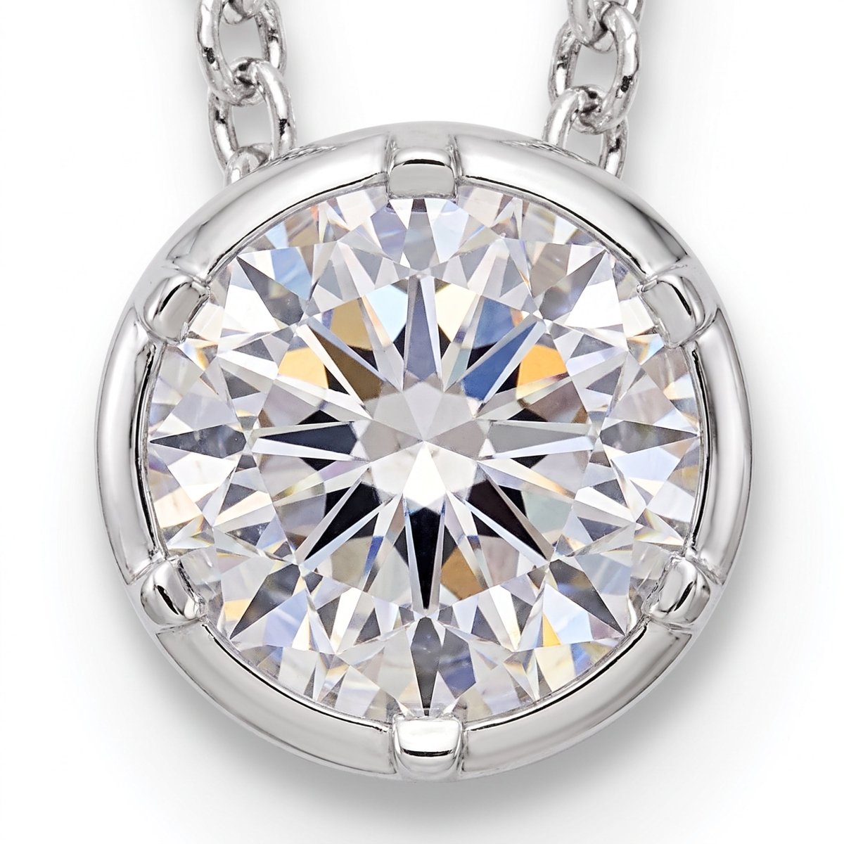 Classic Round Diamond Solitaire Necklace, silver, lab grown diamonds, setting close-up