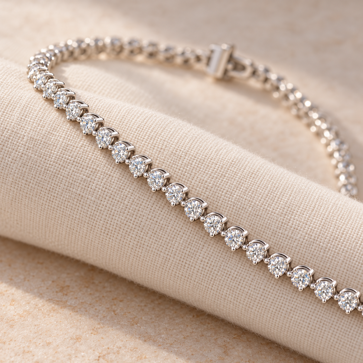 Classic Three Prong Tennis Bracelet, lab grown diamonds in silver, draped on ivory linen