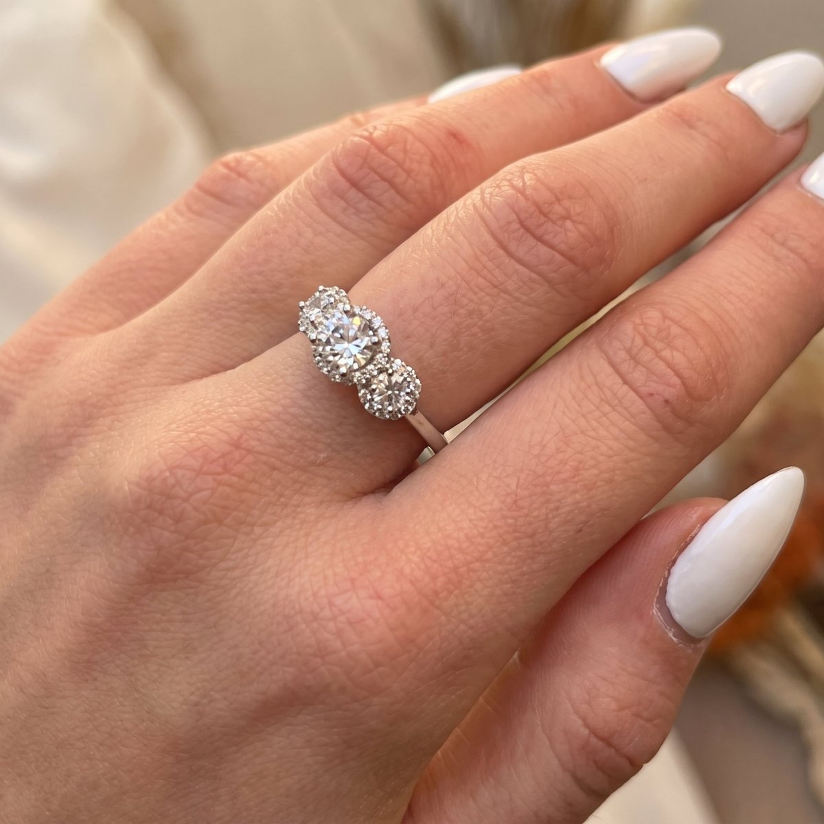 Classic Three Stone Round Diamond Ring, 925 silver diamond ring worn on hand lifestyle photo