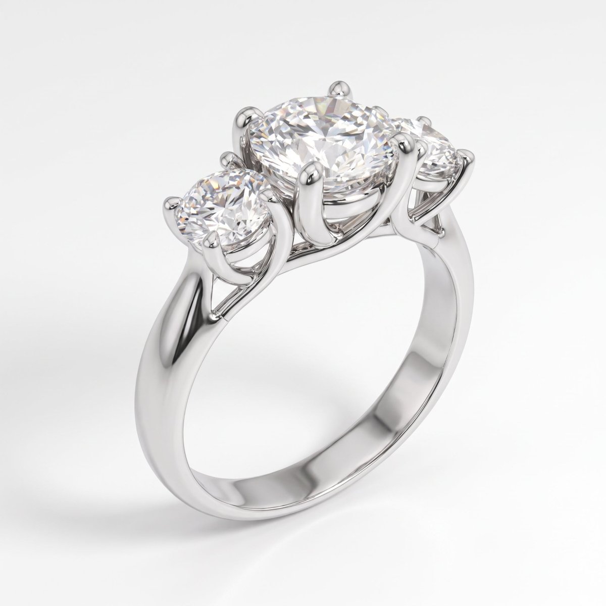 Classic Three Stone Round Diamond Ring, 925 silver diamond ring studio hero photo on white, lab grown diamonds D color VVS