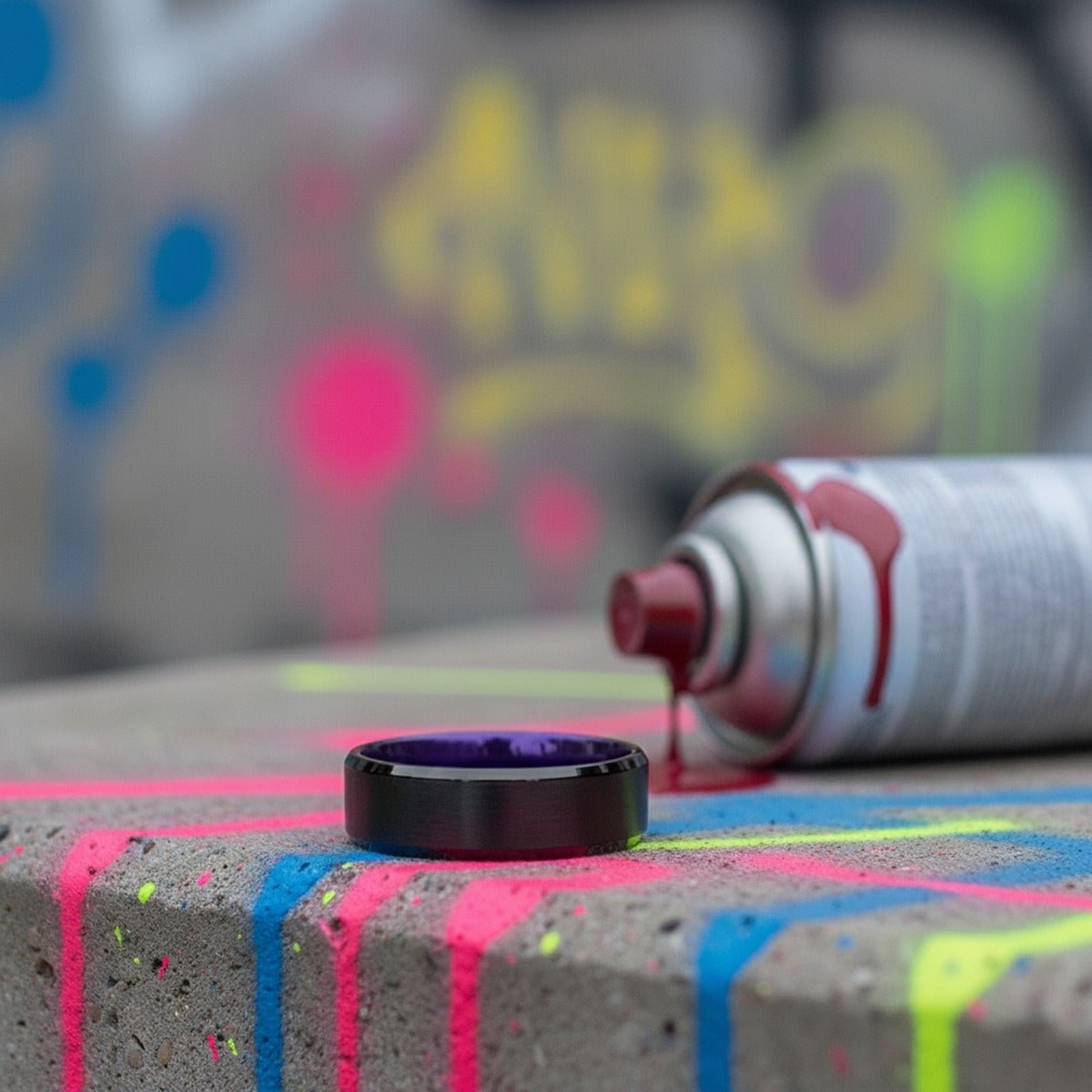 Aydins CLEMATIS | Purple Ring, Black Tungsten Ring, Brushed, Beveled lifestyle scene, graffiti concrete