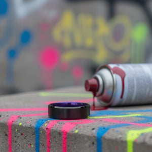 Aydins CLEMATIS | Purple Ring, Black Tungsten Ring, Brushed, Beveled lifestyle scene, graffiti concrete