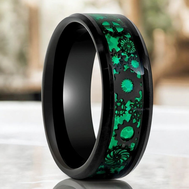 COGSPRING Black Tungsten Ring with steampunk gear over green carbon fiber inlay by Aydins Jewelry.