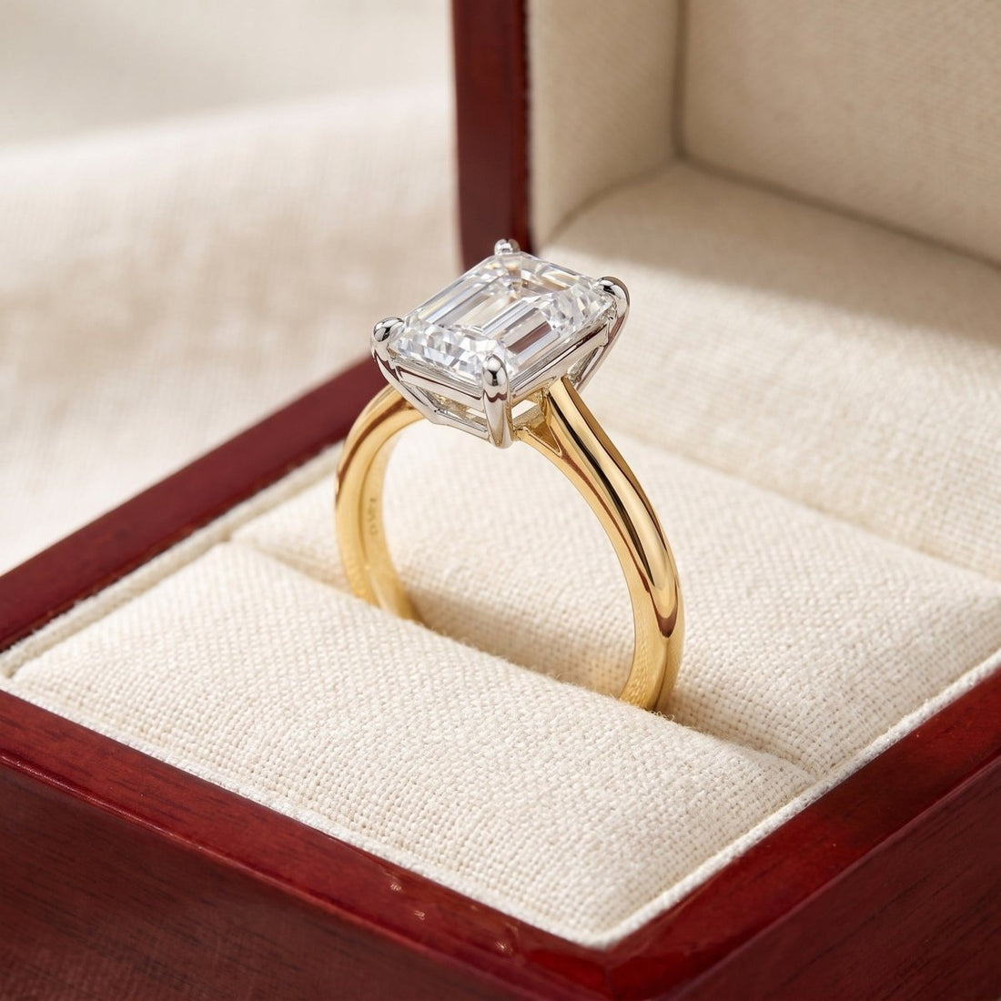 COLETTE emerald lab-grown diamond ring in 10K two-tone gold, in cherry-wood box, approx. 1 ct center