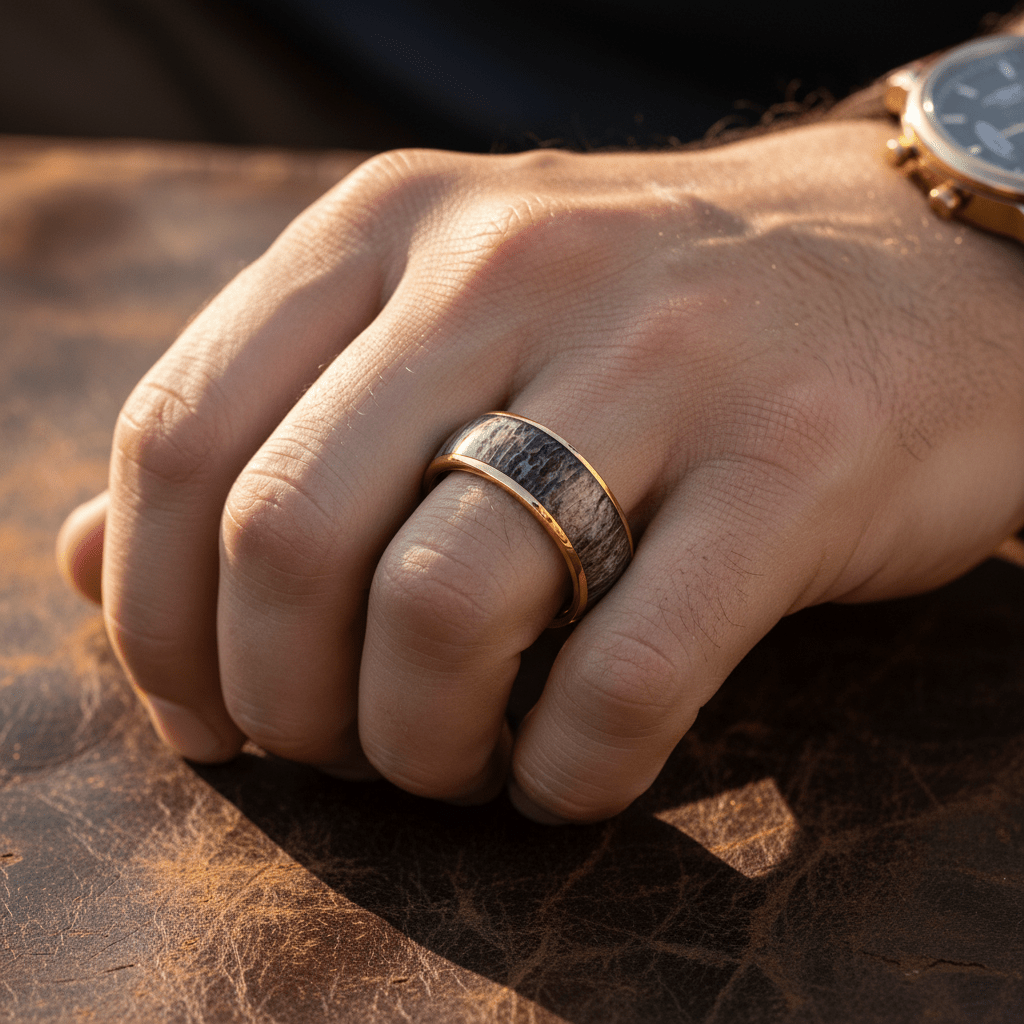 COLUMBA — Lifestyle photo on hand — men's tungsten wedding ring.