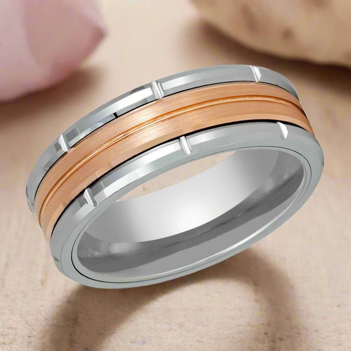 Close-up of the 8mm Silver Tungsten Ring with rose gold center inlay