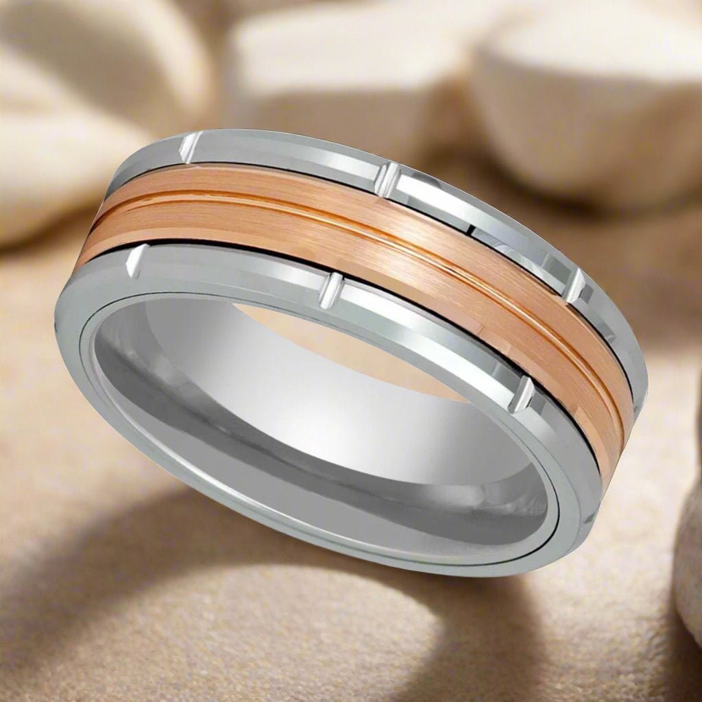 Side view of the Command Silver Tungsten Ring with polished rose gold inlay