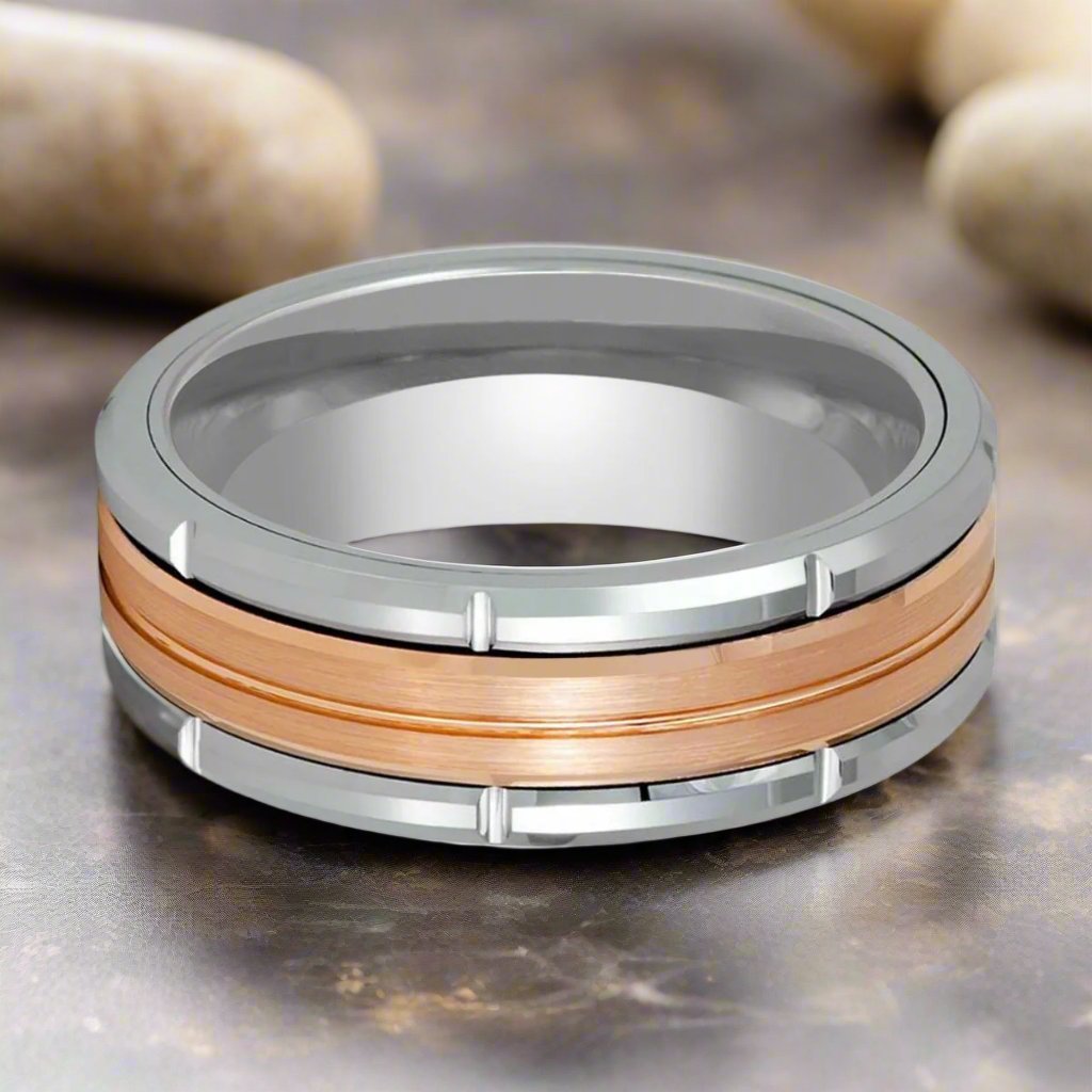 Command Tungsten wedding band showcasing two-tone design and grooved edges