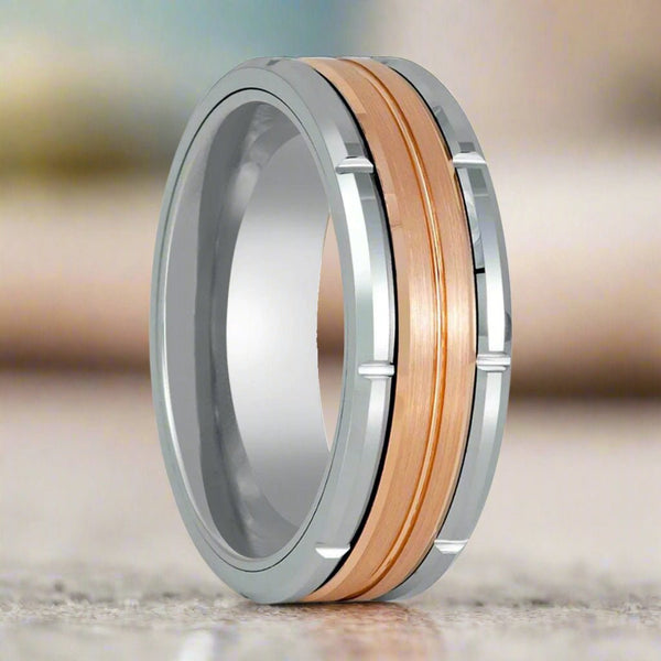 Command Silver Tungsten Ring with Rose Gold Inlay – 8mm Comfort Fit