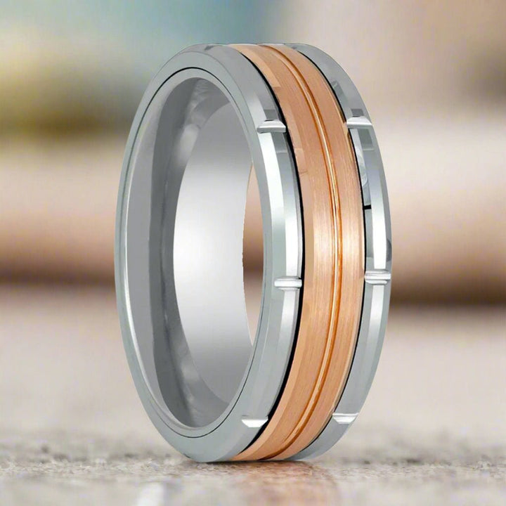 Command Silver Tungsten Ring with Rose Gold Inlay – 8mm Comfort Fit