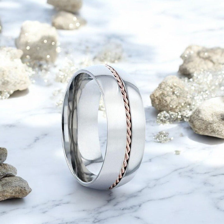 CONDUCTOR Silver Titanium Ring with Braided 14k Rose Gold Inlay by Aydins Jewelry