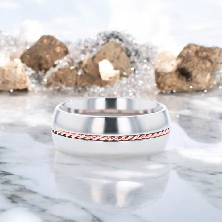 Modern Silver Titanium Ring with Braided Rose Gold Accent - Perfect for Weddings and Anniversaries