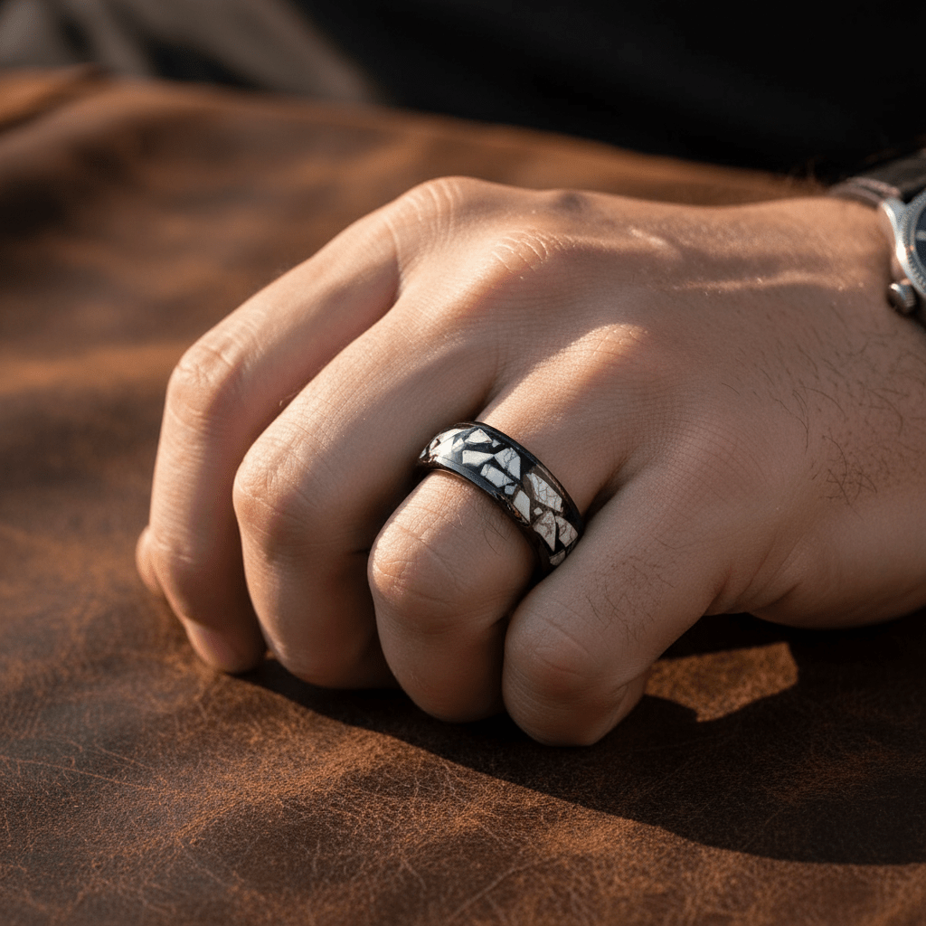 CONTELIS — Lifestyle photo on hand — men's tungsten wedding ring.