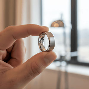 COOPER — Held between fingers close-up — men's tungsten wedding ring.
