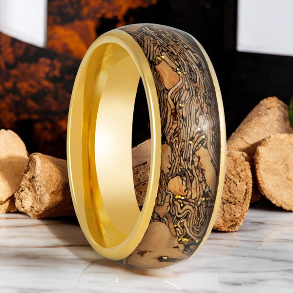 CORKSHINE Gold Tungsten Ring with Cork and Gold Glitter Inlay - Front View